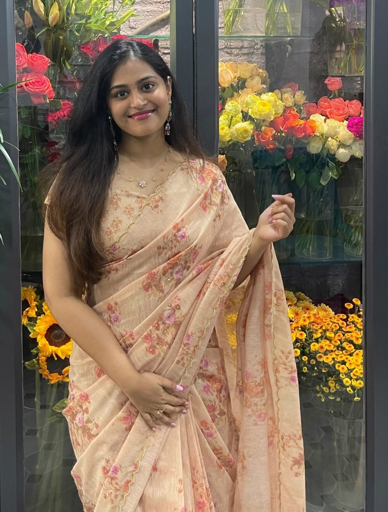 Beige Pure Linen Digital Print Saree