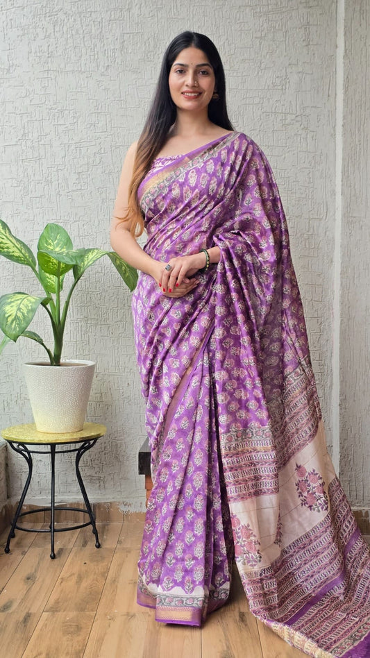 Lilac Maheshwari Silk Cotton Saree