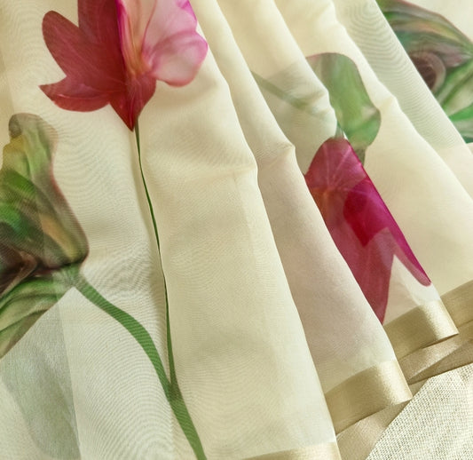 Beige Lotus Malai Chanderi Saree