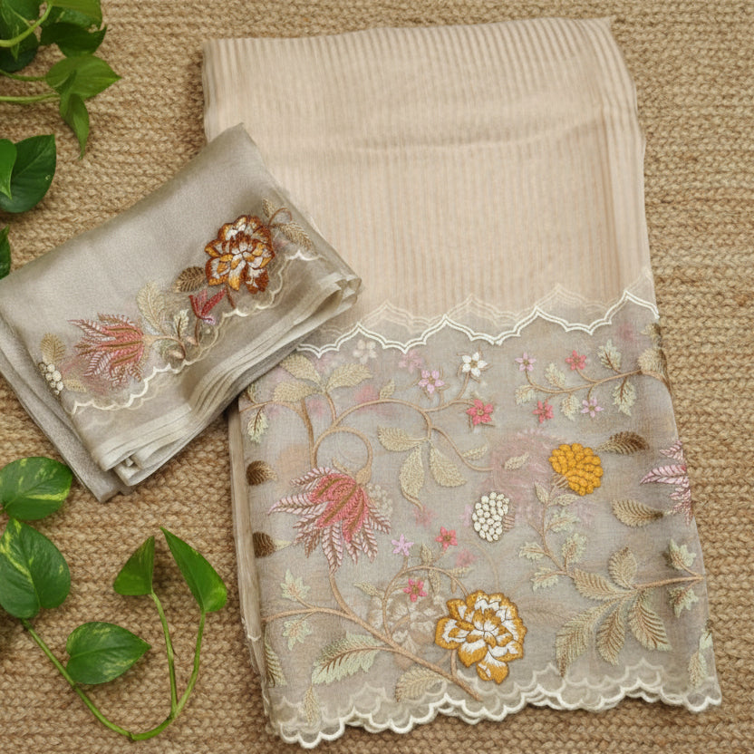 Ivory Pure Tissue with Organza Embroidery Silk Saree