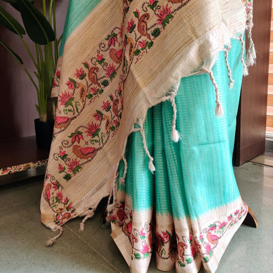 Aqua Blue Pichwai Semi Tussar Saree