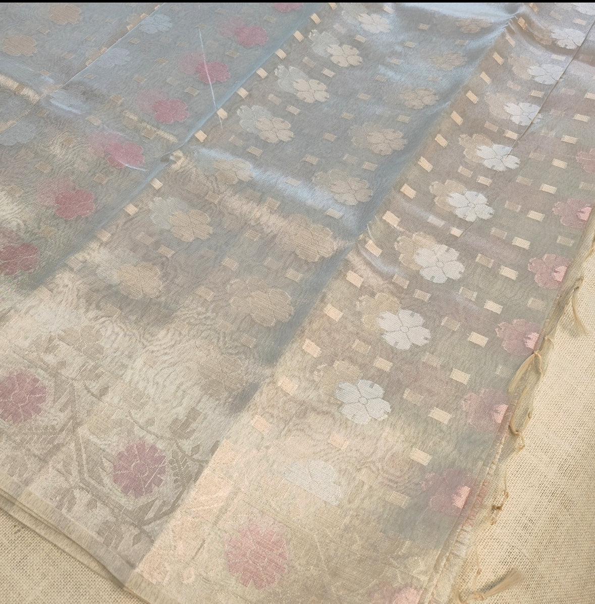 Silver Grey Shimmer Tissue Silk Saree
