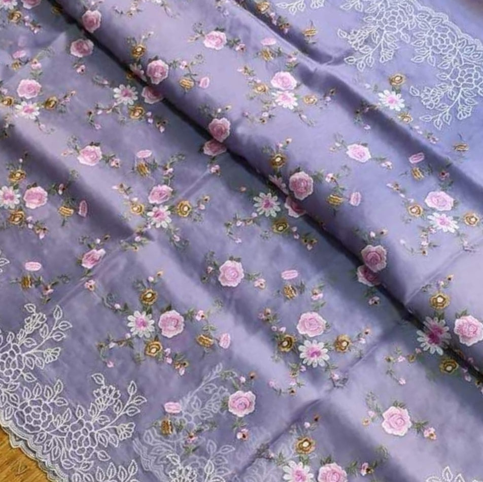 Lilac Intricate Floral Embroidery Organza Saree