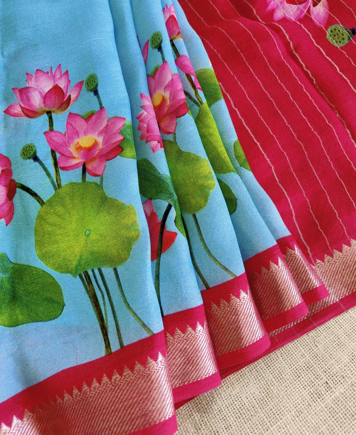 Sky Blue with Lotus Pure Mangalagiri Silk Saree