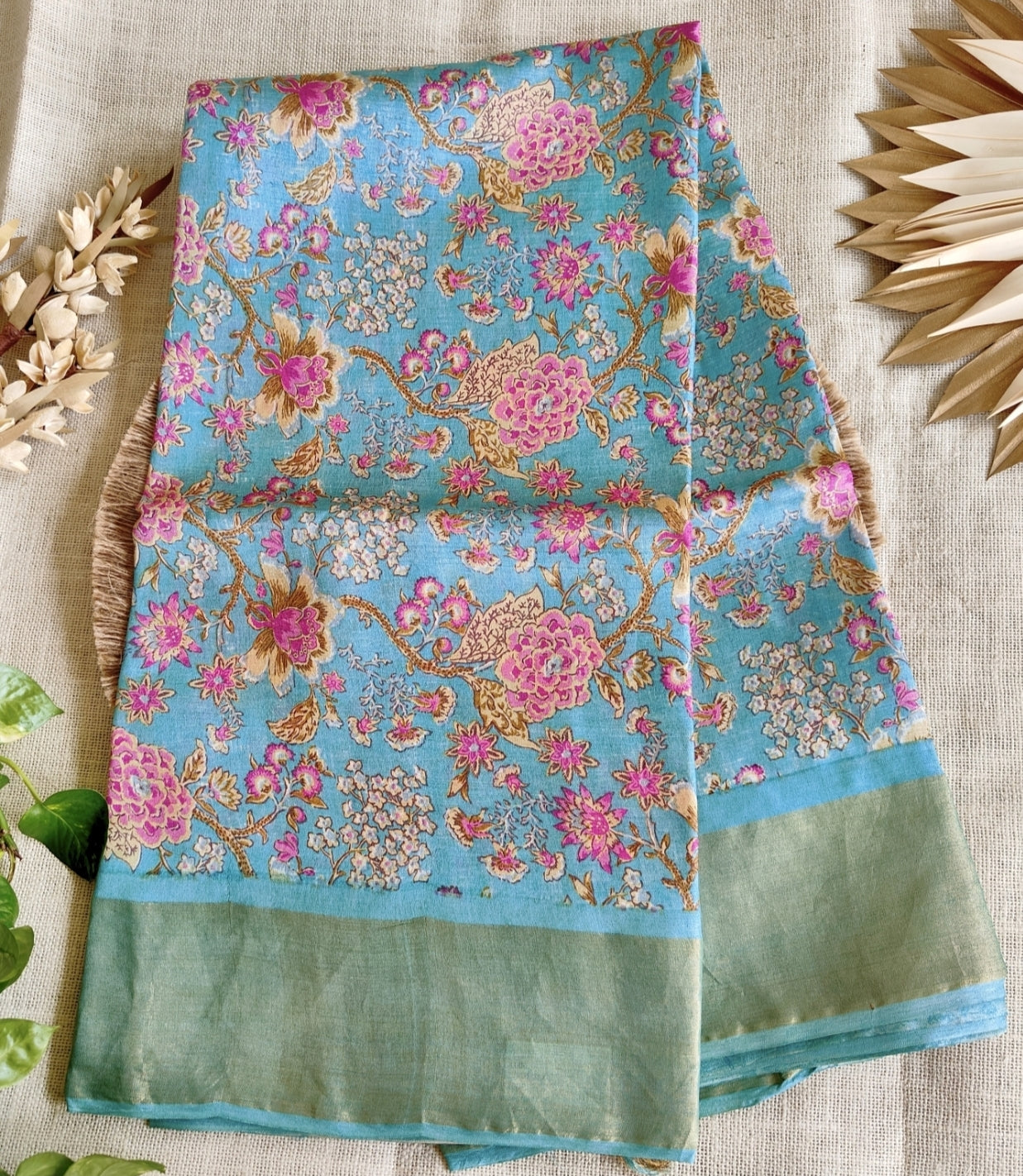 Blue with Pink Floral TussarSaree