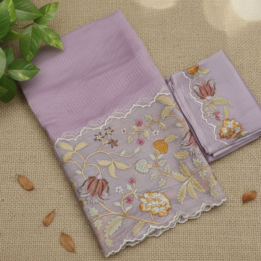 Lilac Pure Tissue with Organza Embroidery Silk Saree