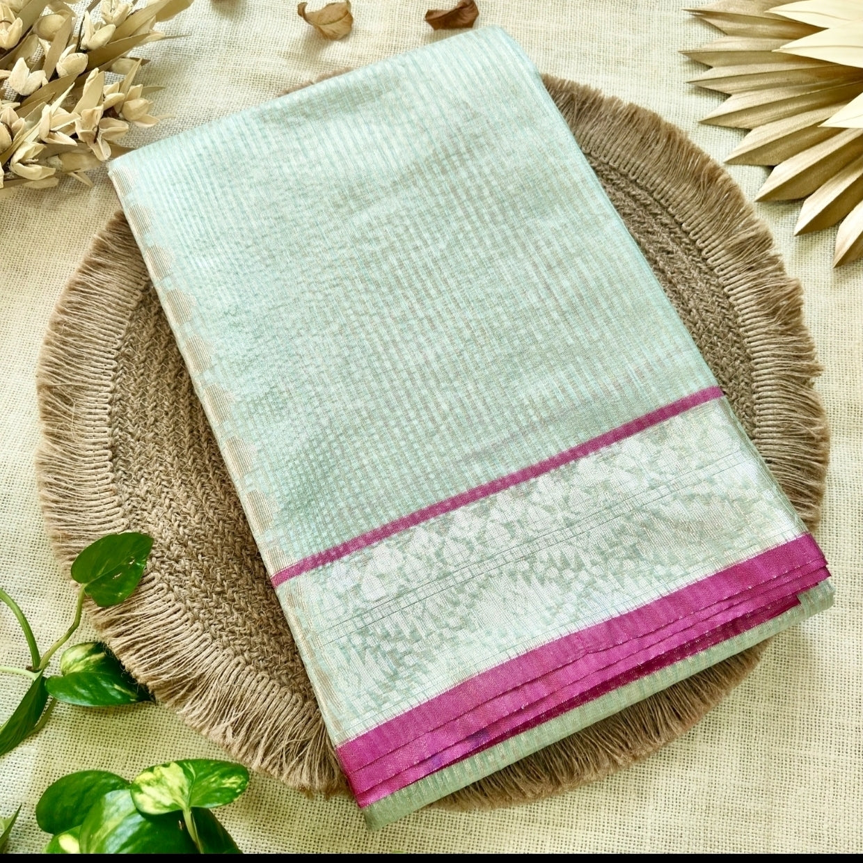 Pista Green Banarasi Antique Gold Stripe Saree