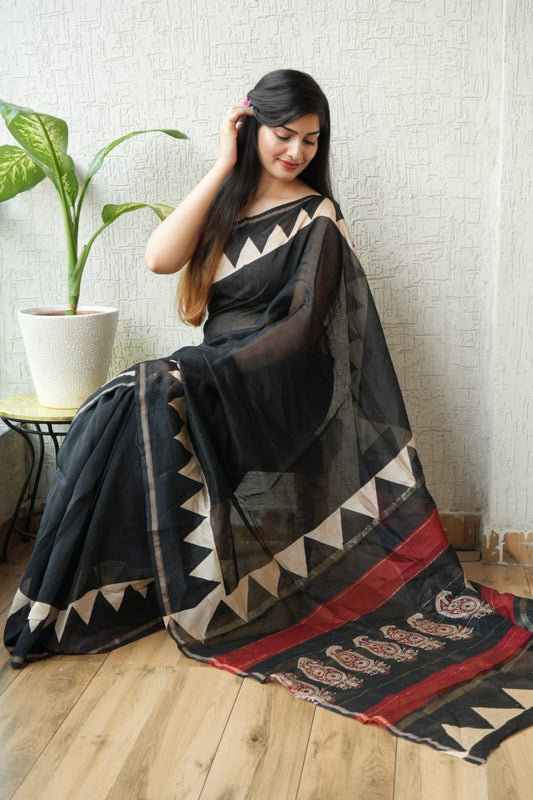 Black Temple Chanderi Silk Cotton Saree