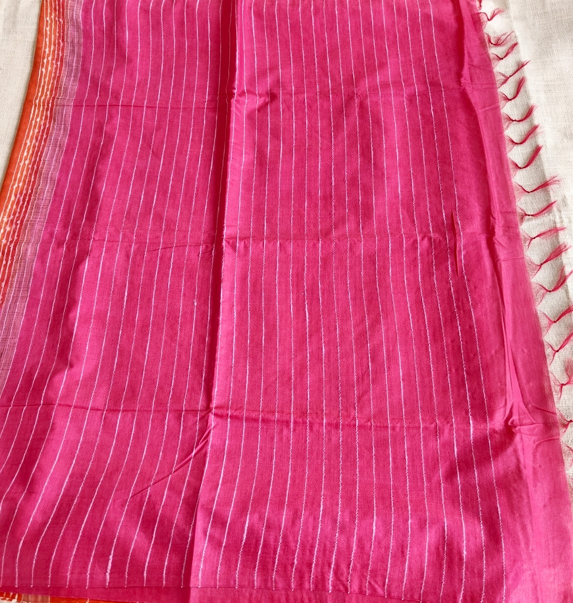 Orange with Pink Kota Silk Baswara Staple Saree