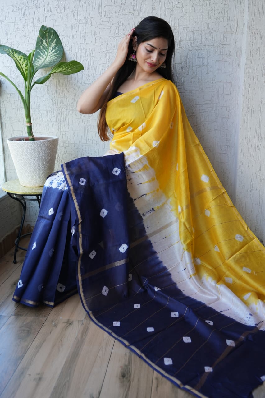 Indigo Yellow Shibori Tie-Dye Chanderi Silk Cotton Saree