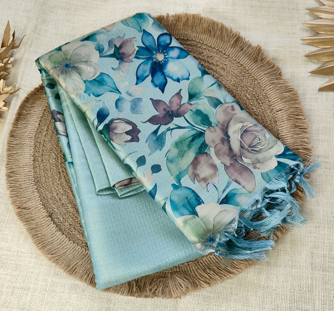 Blue Floral Malai Silk Saree
