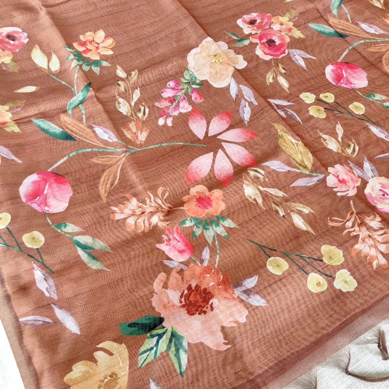 Mild Brown Chanderi Floral Print Saree