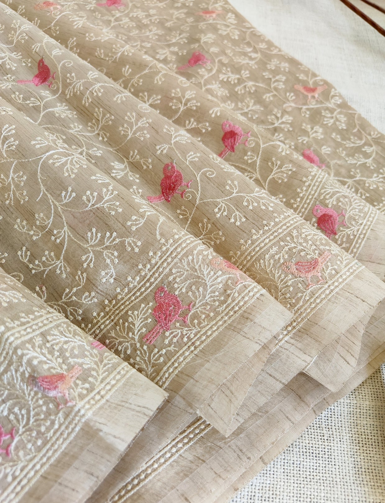 Beige Tussar Bird Embroidery Saree