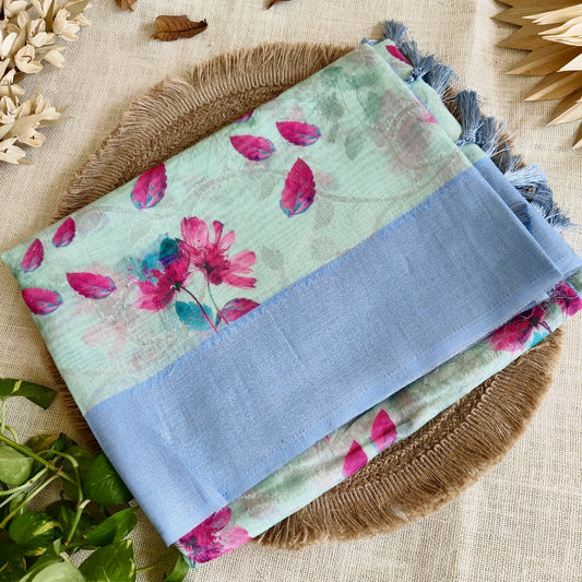 Mint Green Pink Floral Linen Saree