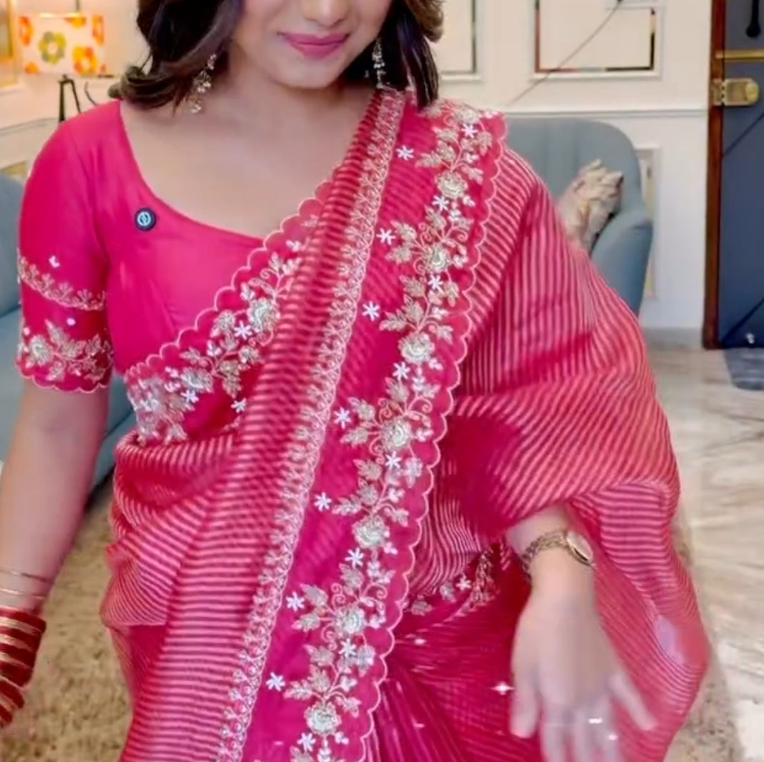 Red Pure Kora Tissue Silk Designer Saree