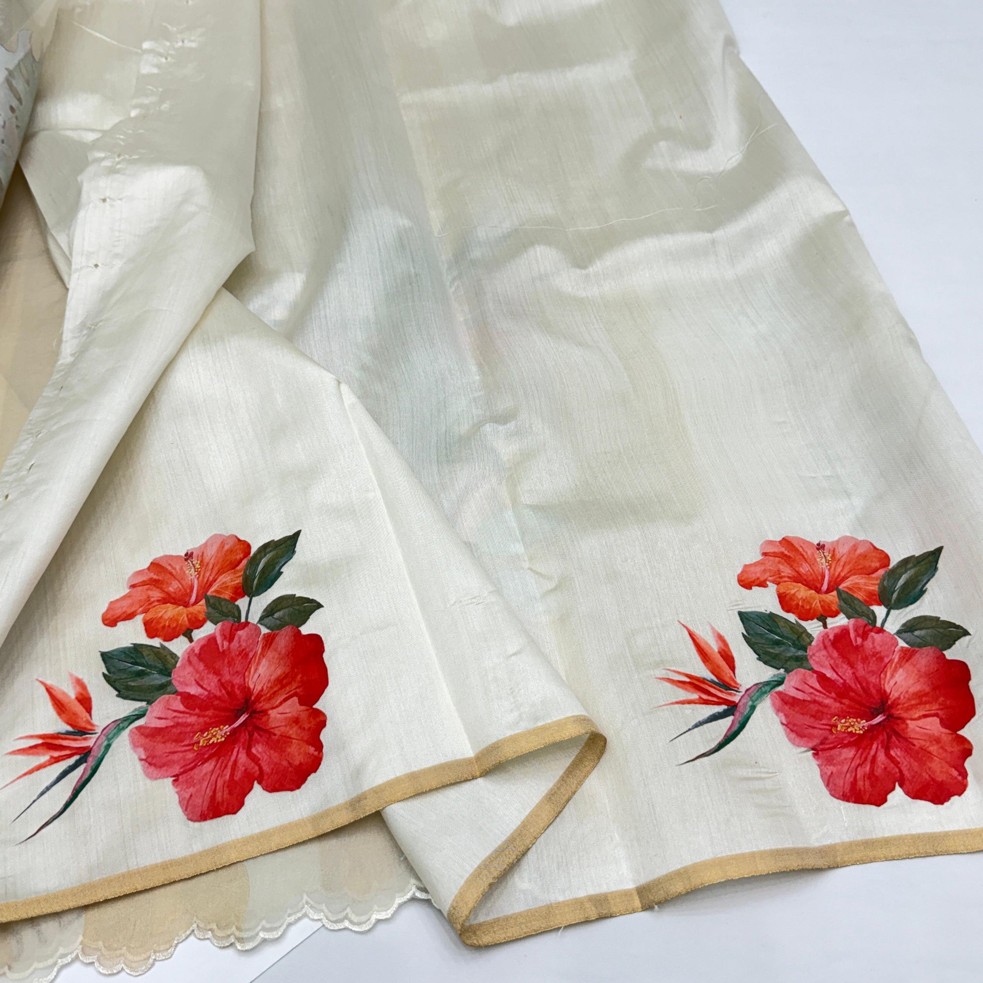 Off White Gold Stripes Floral Appliqué Pure Tissue Organza Saree