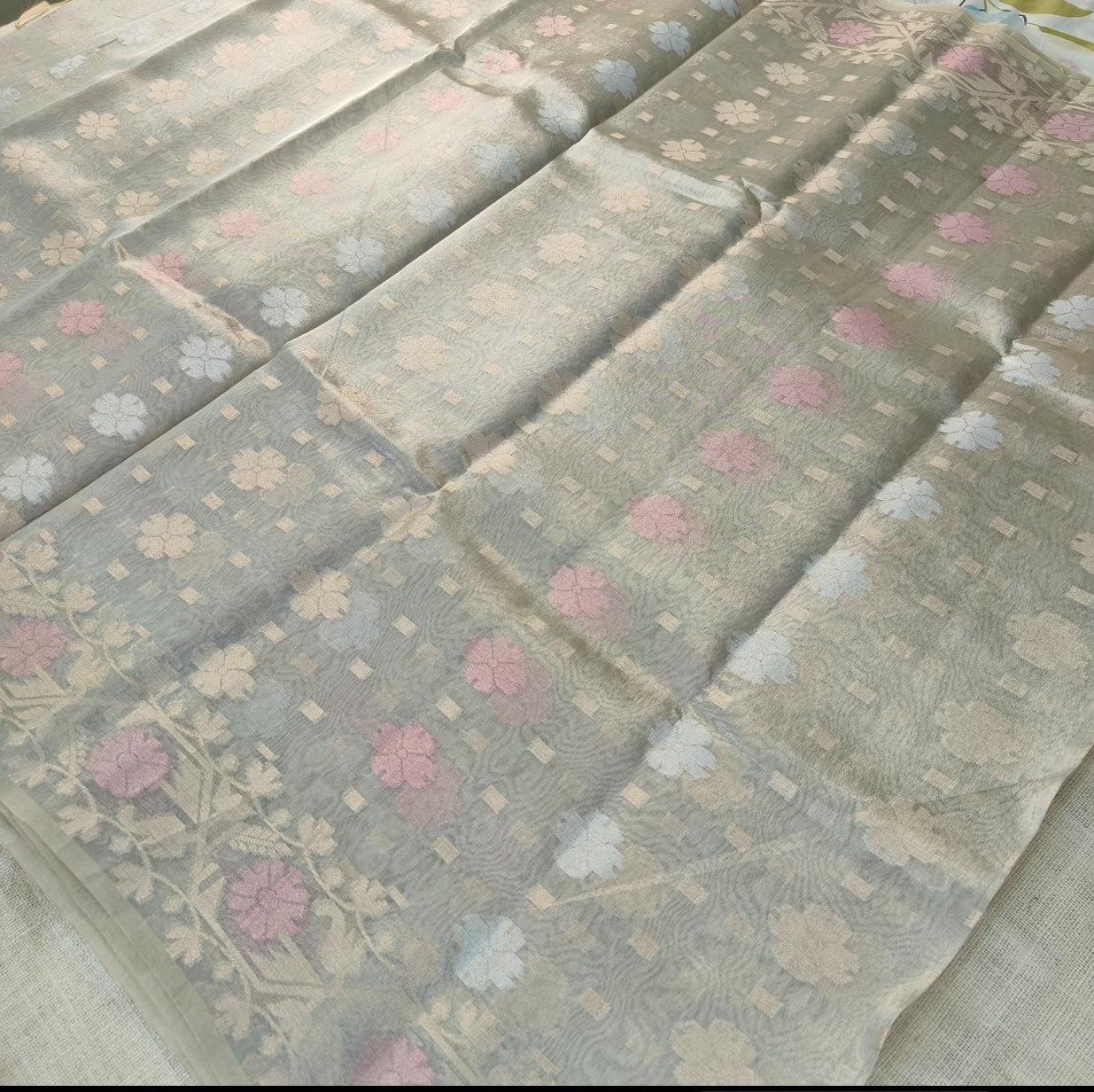 Silver Grey Shimmer Tissue Silk Saree