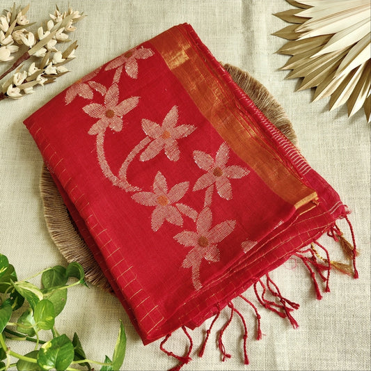 Crimson Red Khadi Linen Saree