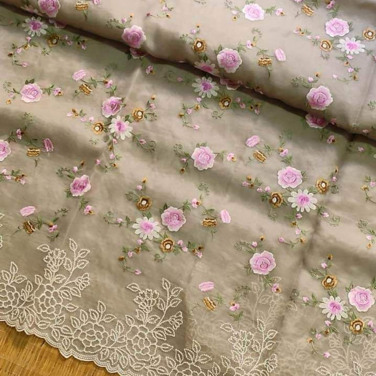 Beige Intricate Floral Embroidery Organza Saree