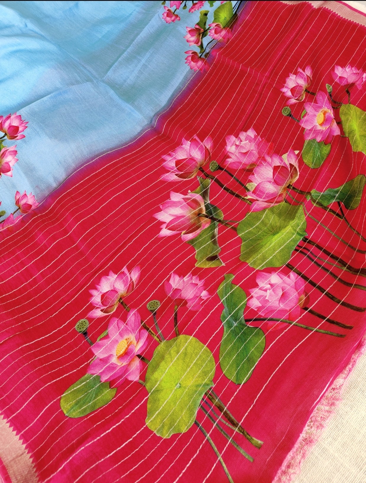 Sky Blue with Lotus Pure Mangalagiri Silk Saree