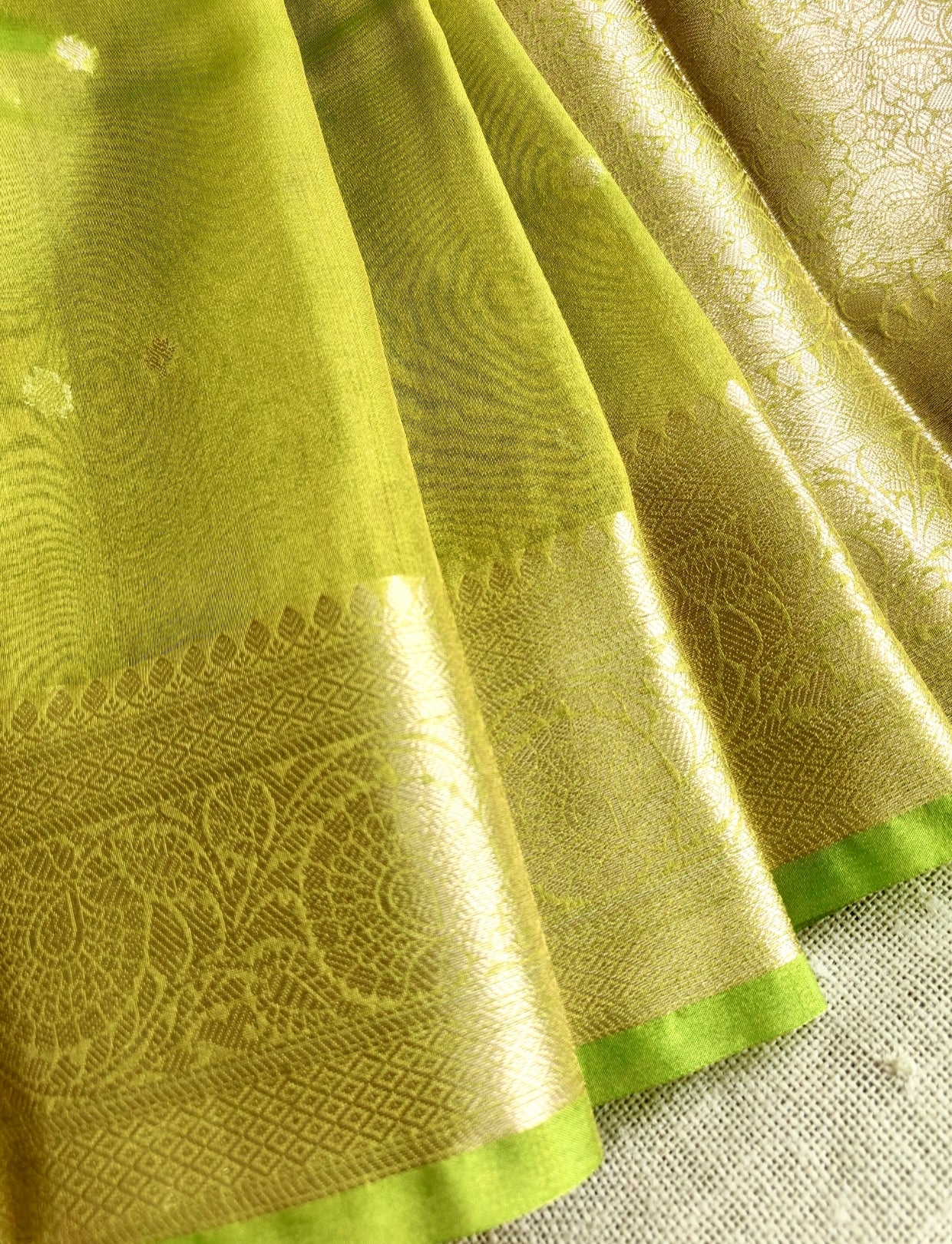 Leaf Green Banarasi Tissue shimmer Silk Saree