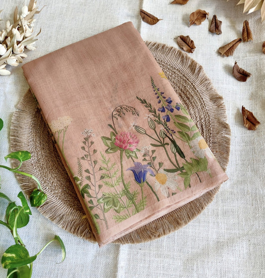 Brown Watercolor Floral Semi Tussar Saree