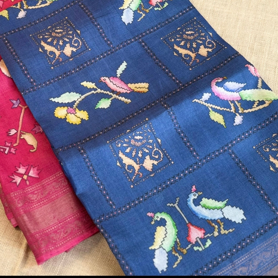 Dark Blue Digital Printed Pure Tussar Silk