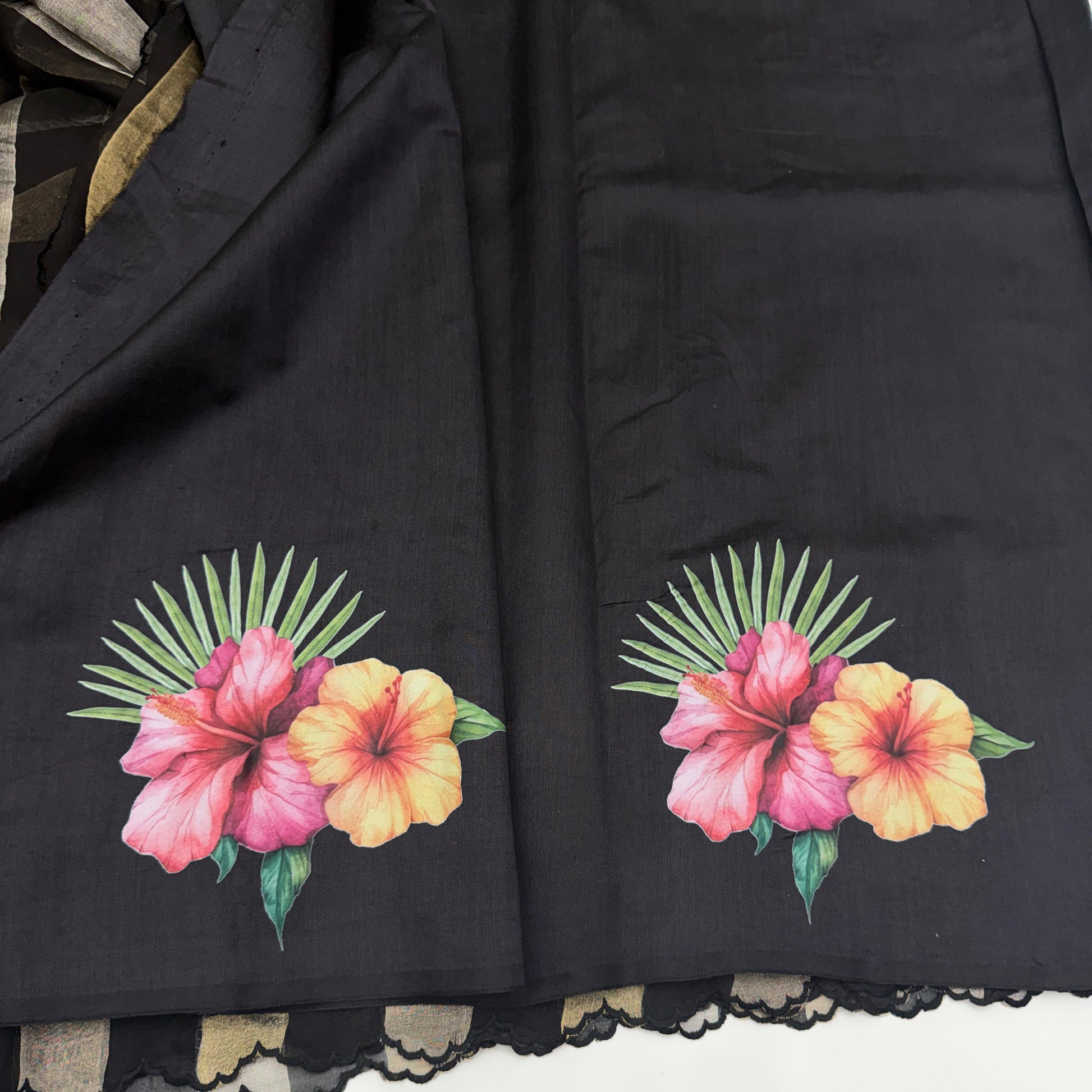 Black Gold Stripes Floral Appliqué Pure Tissue Organza Saree