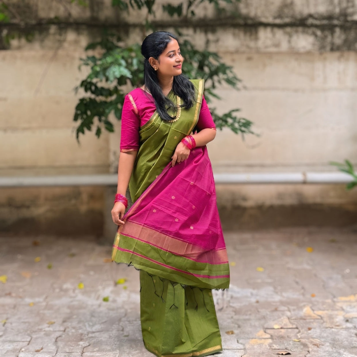 Green with Pink Pure Cotton Saree