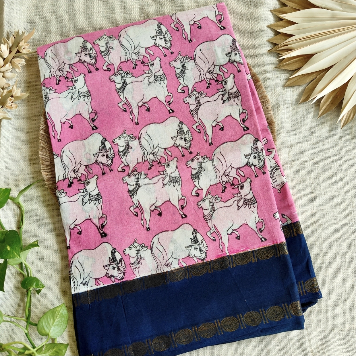 Pink Sungudi Cotton Saree with Pichwai Pattern