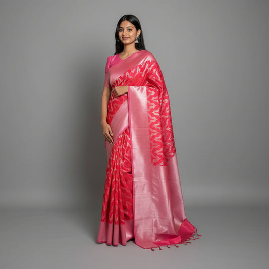 Red with Pink Katan Silk Saree