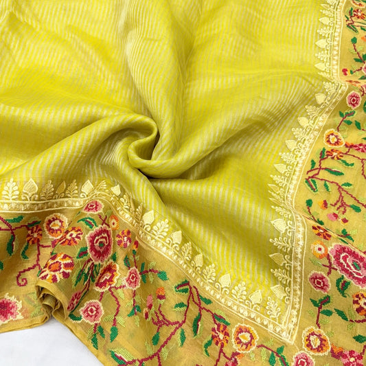 Lemon Green  Pure Tissue Petit Embroidery Saree