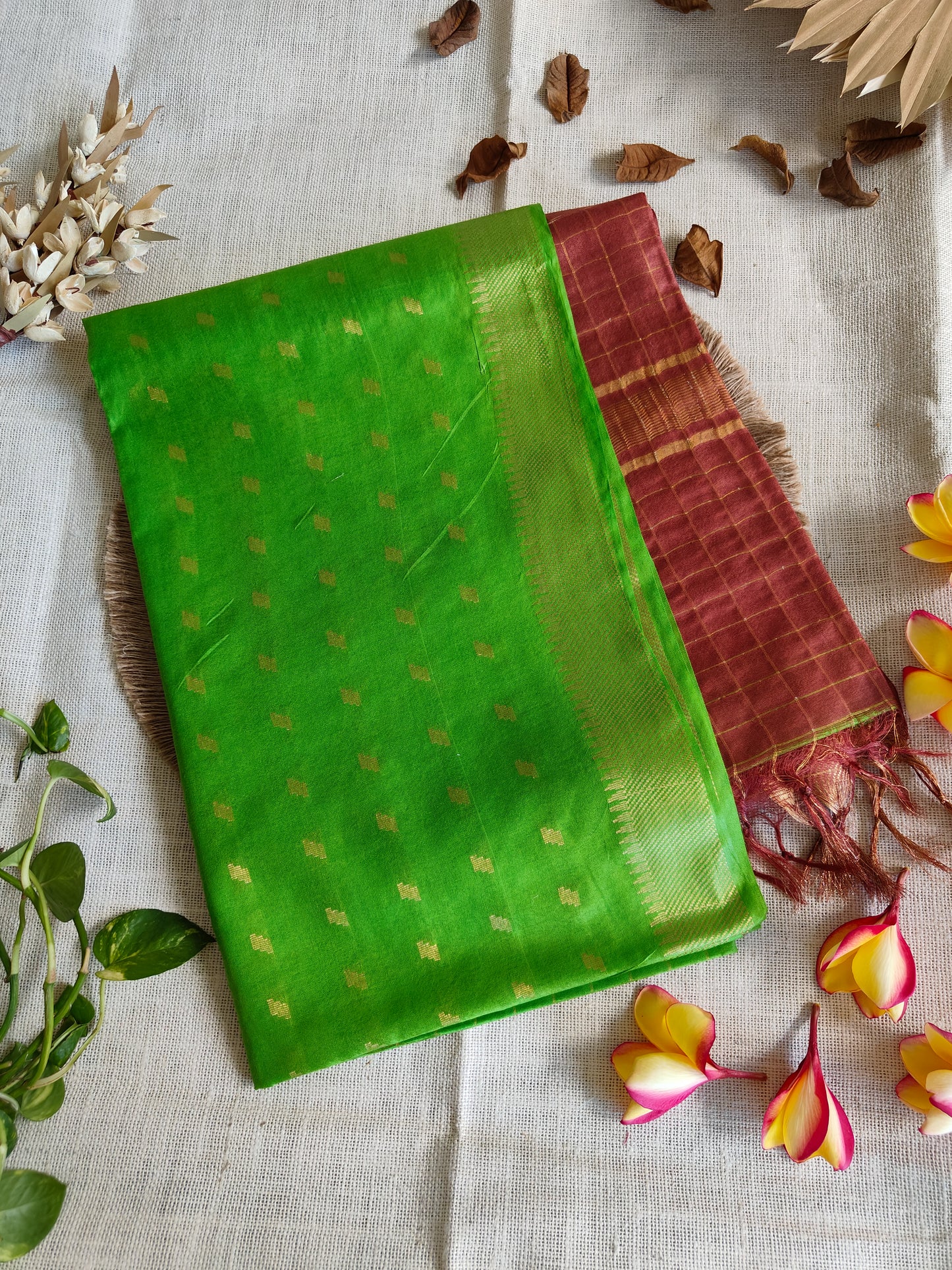 Green with Brown Semi Mangalagiri Silk