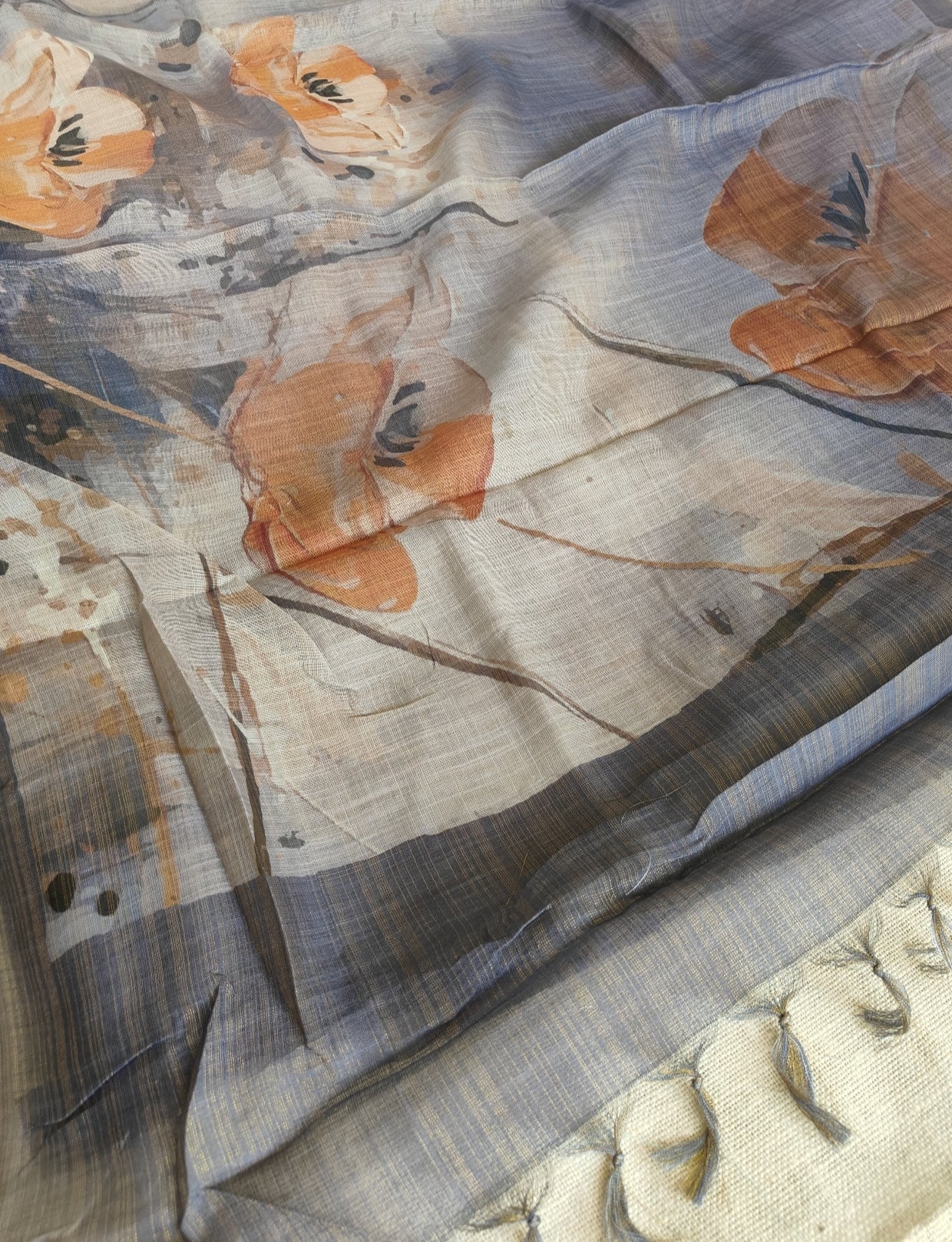 Greyish Blue Floral Tissue Linen Saree