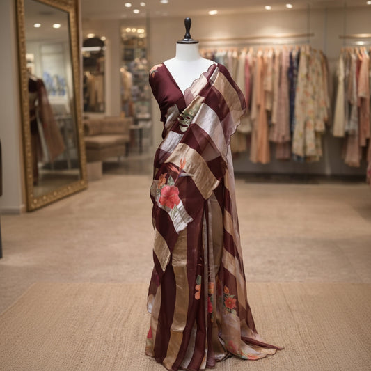 Brown Gold Stripes Floral Appliqué Pure Tissue Organza Saree