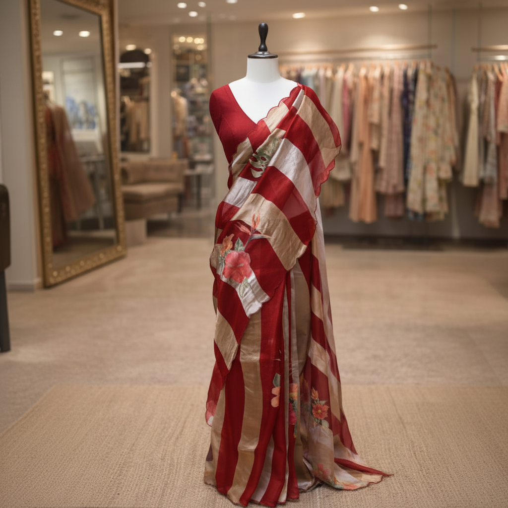 Red Gold Stripes Floral Appliqué Pure Tissue Organza Saree