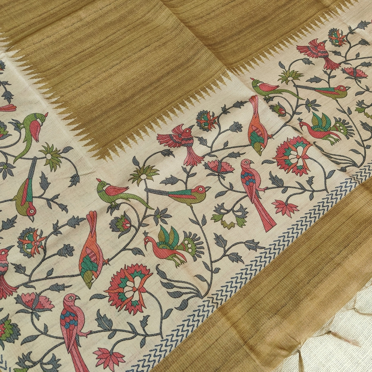 Beige Floral Bird Semi Tussar Saree 