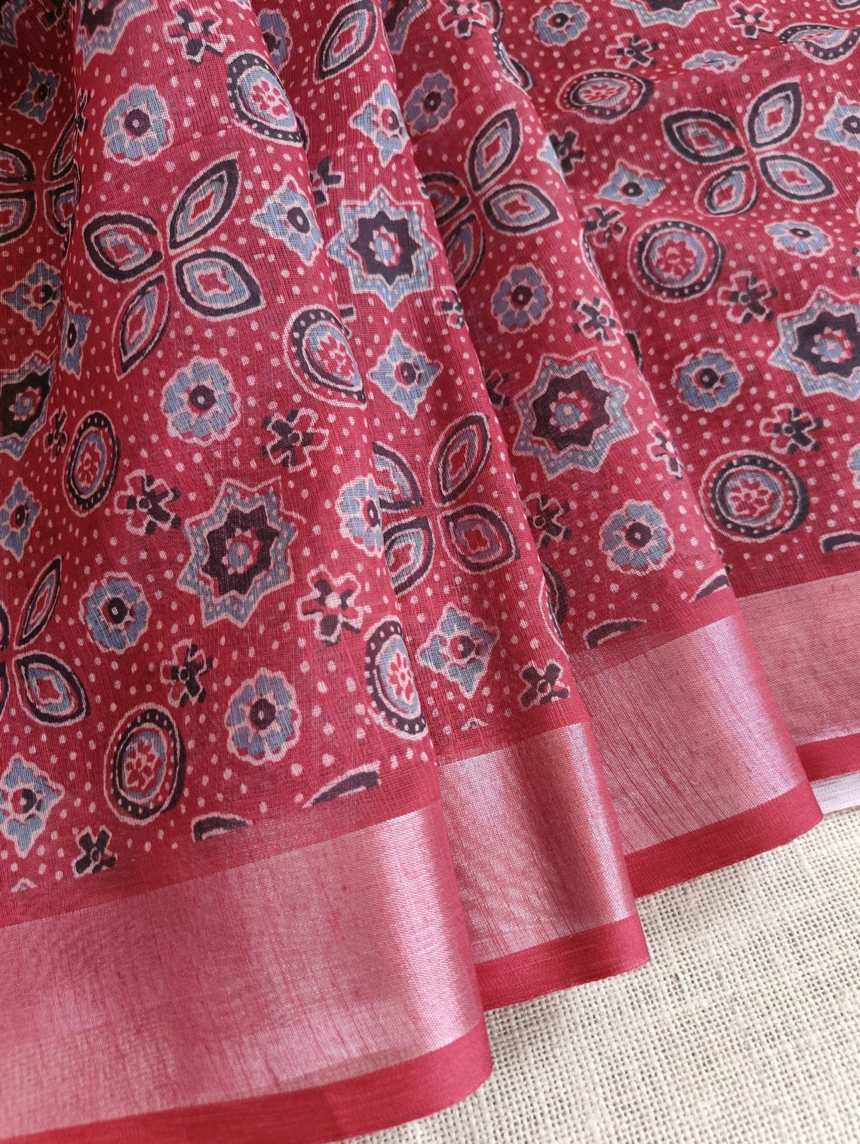 Maroon Ajrakh Printed Linen Saree