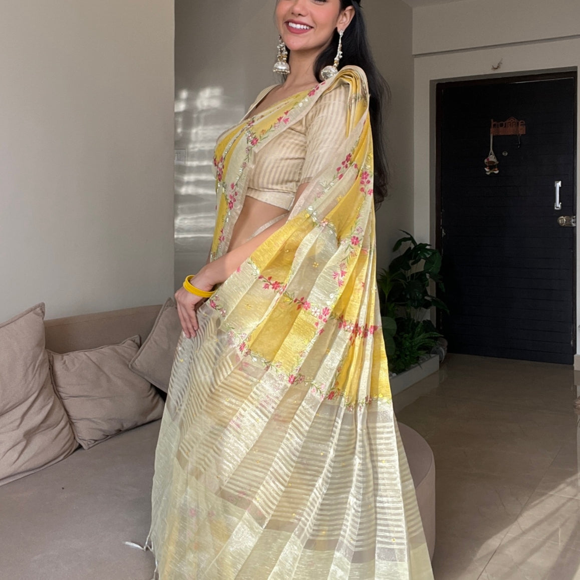 Yellow Floral Embroidery Tissue Kota Saree