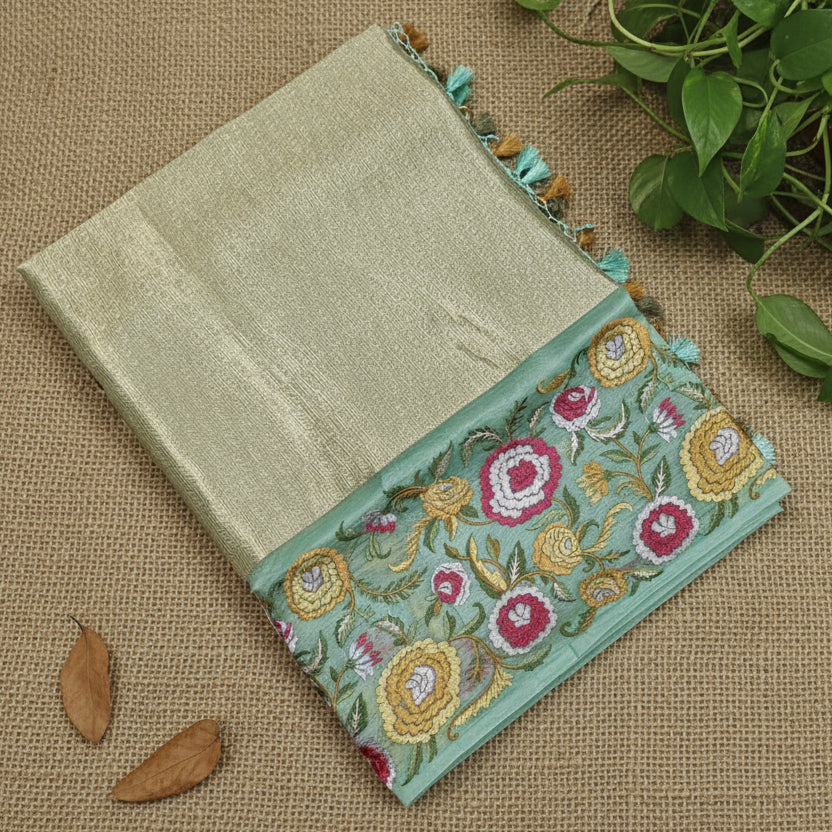 Pastel Mint Brocade Floral Embroidery Pure Organza Saree