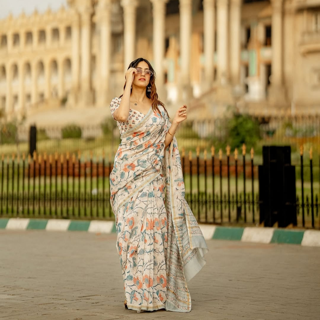 Off-White Floral Chanderi Silk Cotton Saree
