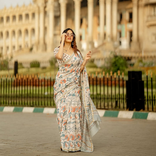 Off-White Floral Chanderi Silk Cotton Saree