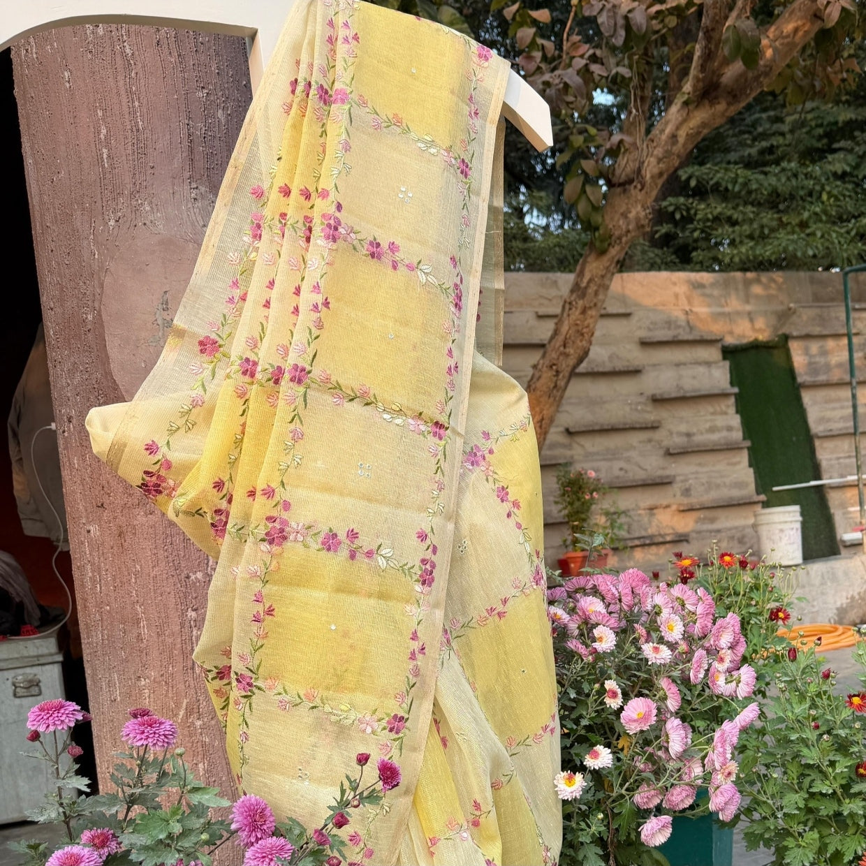 Yellow Floral Embroidery Tissue Linen Saree