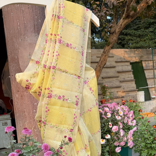 Yellow Floral Embroidery Tissue Linen Saree