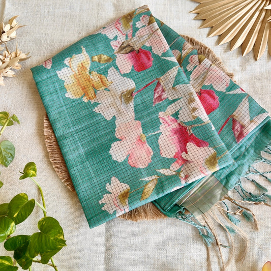 Turquoise Kota Checks Tussar Saree