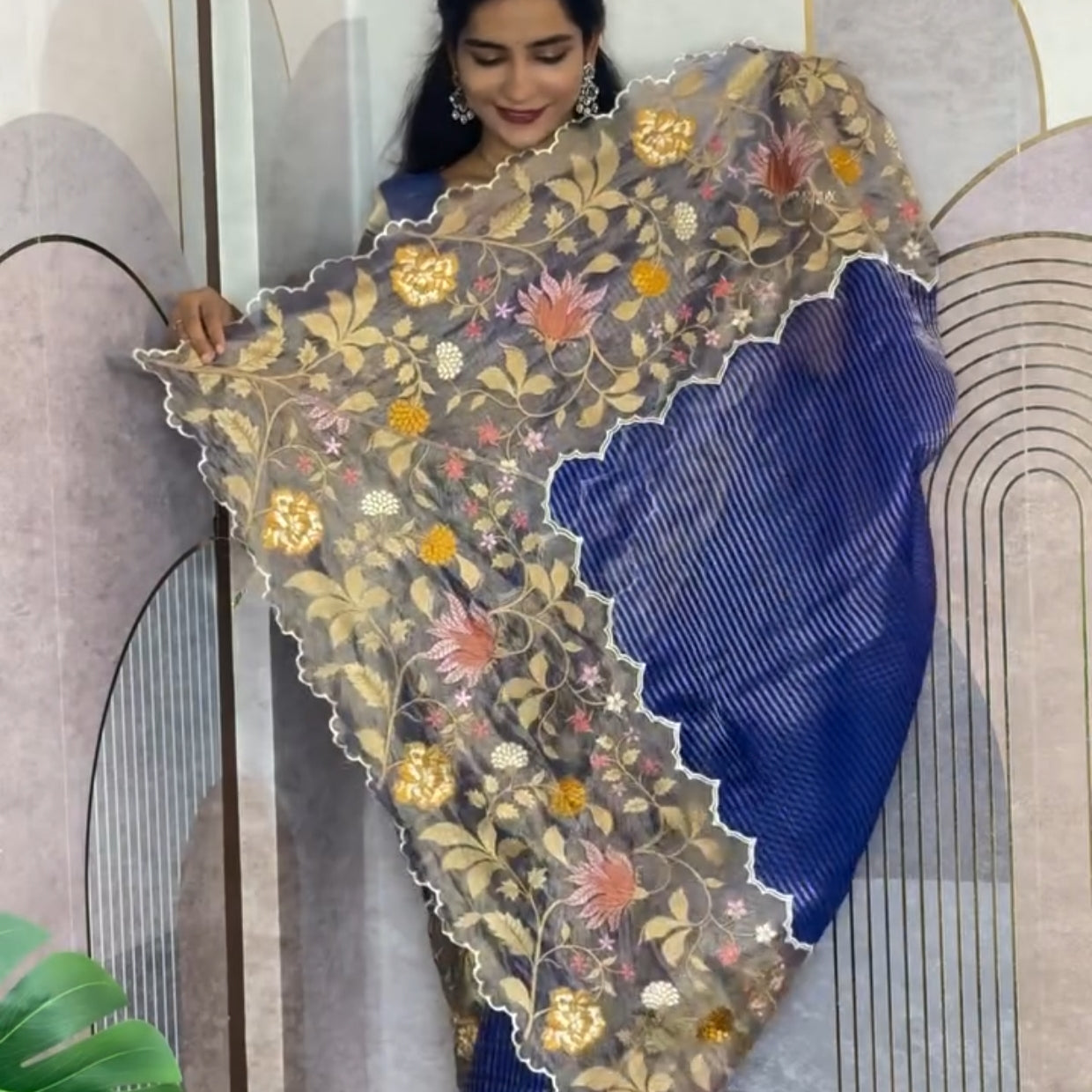 Royal Blue Pure Tissue with Organza Embroidery Silk Saree