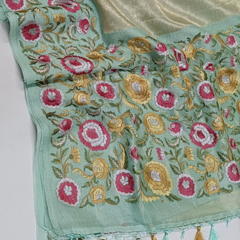 Pastel Mint Brocade Floral Embroidery Pure Organza Saree