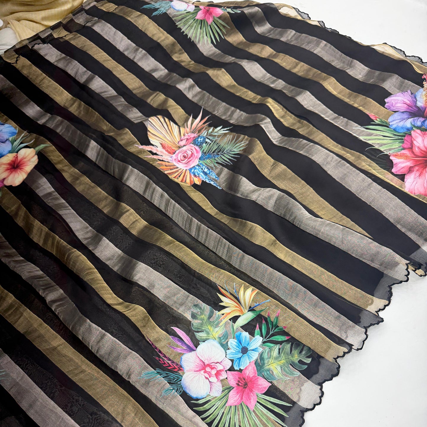 Black Gold Stripes Floral Appliqué Pure Tissue Organza Saree