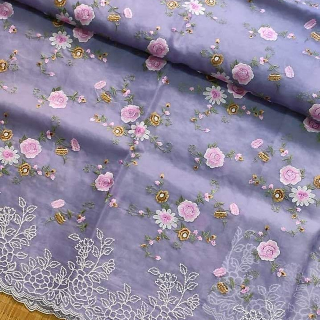 Lilac Intricate Floral Embroidery Organza Saree