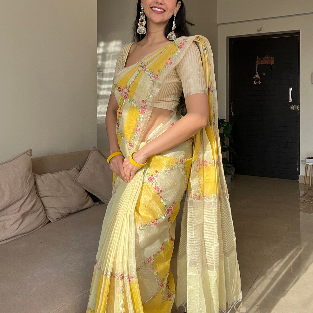 Yellow Floral Embroidery Tissue Kota Saree